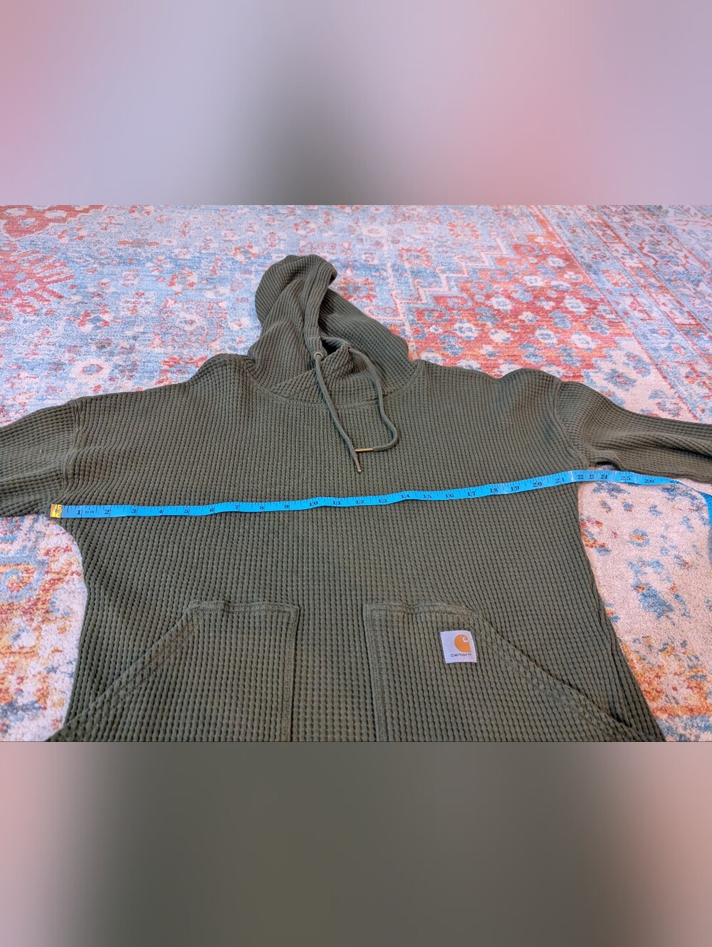 Carhartt Relaxed Fit Waffle Knit Thermal Hoodie Shirt Olive Pockets Wmns Small - Picture 8 of 10